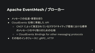 Apache EventMesh / ブローカー
● メッセージの伝達・保管を担う
● CloudEvents 仕様に準拠した API
○ CNCF によって策定されているクラウドネイティブ環境における標準
のメッセージのやり取りのための仕様
○ + CloudEvents Bindings for other messaging protocols
● その他のインタフェースに gRPC、HTTP
16
 