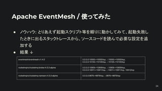 Apache EventMesh / 使ってみた
● ノウハウ: とりあえず起動スクリプト等を頼りに動かしてみて、起動失敗し
たときに出るスタックトレースから、ソースコードを読んで必要な設定を追
加する
● 結果 ↓
eventmesh/eventmesh:v1.4.0 0.0.0.0:10000->10000/tcp, :::10000->10000/tcp,
0.0.0.0:10105->10105/tcp, :::10105->10105/tcp
rocketmqinc/rocketmq-broker:4.5.0-alpine 0.0.0.0:10909->10909/tcp, :::10909->10909/tcp,
0.0.0.0:10911->10911/tcp, :::10911->10911/tcp, 10912/tcp
rocketmqinc/rocketmq-namesrv:4.5.0-alpine 0.0.0.0:9876->9876/tcp, :::9876->9876/tcp
24
 