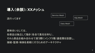 導入（余談）: XXメッシュ
流行ってます
意味合いとしては..
各部品は独立して動き（各自で責任を持ち）、
それら部品を組み合わせて使う際にインフラ層/通信層を設置し、
接続・監視・制御を柔軟に行うためのアーキテクチャ
Service Mesh
SQLMesh
Data Mesh
9
 