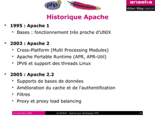 Historique Apache
 1995 : Apache 1
     Bases : fonctionnement très proche d'UNIX

 2003 : Apache 2
     Cross-Platform (Multi Processing Modules)
     Apache Portable Runtime (APR, APR-Util)
     IPV6 et support des threads Linux

 2005 : Apache 2.2
     Supports de bases de données
     Amélioration du cache et de l'authentification
     Filtres
     Proxy et proxy load balancing

   16 novembre 2009     ALTERWAY - Apache pour développeur PHP   10
 