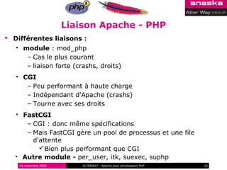Liaison Apache - PHP
 Différentes liaisons :
        module : mod_php
          – Cas le plus courant
          – liaison forte (crashs, droits)
        CGI
          – Peu performant à haute charge
          – Indépendant d'Apache (crashs)
          – Tourne avec ses droits
       FastCGI
         – CGI : donc même spécifications
         – Mais FastCGI gère un pool de processus et une file
           d'attente
              Bien plus performant que CGI
       Autre module - per_user, itk, suexec, suphp
       16 novembre 2009       ALTERWAY - Apache pour développeur PHP   15
 