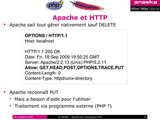 Apache et HTTP
 Apache sait tout gérer nativement sauf DELETE

               OPTIONS / HTTP/1.1
               Host: localhost

               HTTP/1.1 200 OK
               Date: Fri, 18 Sep 2009 19:50:25 GMT
               Server: Apache/2.2.13 (Unix) PHP/5.2.11
               Allow: GET,HEAD,POST,OPTIONS,TRACE,PUT
               Content-Length: 0
               Content-Type: httpd/unix-directory


 Apache reconnaît PUT
     Mais a besoin d'aide pour l'utiliser
     Traitement via programme externe (PHP ?)

      16 novembre 2009       ALTERWAY - Apache pour développeur PHP   29
 