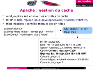 Apache : gestion du cache
 mod_expires sait envoyer les en-têtes de cache
 HTTP ?: http://julien-pauli.developpez.com/tutoriels/web/http/
 mod_headers : contrôle manuel des en-têtes
ExpiresActive On                                                     GET /page HTTP/1.1
ExpiresByType image/* "access plus 1 month"                          Host: afup
ExpireDefault "modification plus 2 hours"

                                     HTTP/1.x 200 OK
                                     Date: Fri, 18 Sep 2009 18:44:18 GMT
                                     Server: Apache/2.2.13 (Unix) PHP/5.2.11
                                     Cache-Control: max-age=7200
                                     Expires: Sat, 19 Sep 2009 18:44:18 GMT
                                     Content-Length: 0
                                     Content-Type: text/html; charset=ISO-8859-1
                                     Content-Language: fr

   16 novembre 2009         ALTERWAY - Apache pour développeur PHP                 38
 