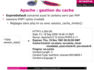 Apache : gestion du cache
 ExpireDefault concerne aussi le contenu servi par PHP
 sessions PHP? cache invalidé
      Réglages dans php.ini ou avec session_cache_limiter()


                           HTTP/1.x 200 OK
                           Date: Fri, 18 Sep 2009 18:48:13 GMT
                           Server: Apache/2.2.13 (Unix) PHP/5.2.11
<?php                      Expires: Thu, 19 Nov 1981 08:52:00 GMT
session_start()            Cache-Control: no-store, no-cache, must-
                                        revalidate, post-check=0, pre-check=0
                           Pragma: no-cache
                           Content-Length: 3
                           Content-Type: text/html; charset=ISO-8859-1
                           Content-Language: fr



   16 novembre 2009         ALTERWAY - Apache pour développeur PHP     39
 