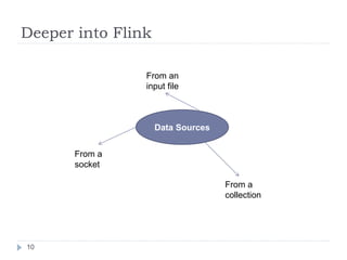 Deeper into Flink
10
Data Sources
From an
input file
From a
socket
From a
collection
 