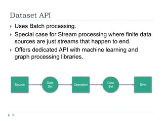 Dataset API
6
 Uses Batch processing.
 Special case for Stream processing where finite data
sources are just streams that happen to end.
 Offers dedicated API with machine learning and
graph processing libraries.
Data
Set
Operation
Data
Set
Source Sink
 