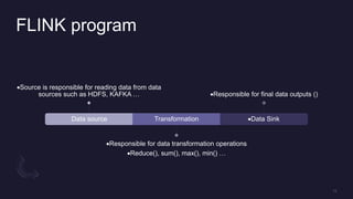 FLINK program
Data source
Source is responsible for reading data from data
sources such as HDFS, KAFKA …
Transformation
...