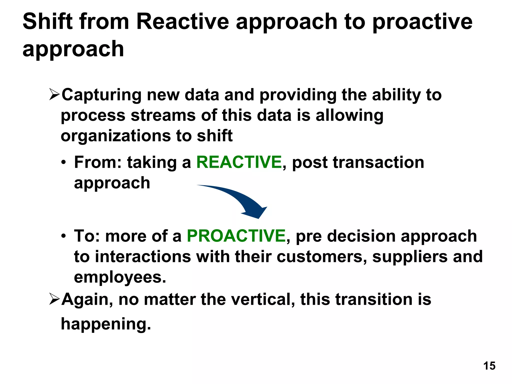 Shift from Reactive approach to proactive
approach
Capturing new data and providing the ability to
process streams of this data is allowing
organizations to shift
• From: taking a REACTIVE, post transaction
approach
• To: more of a PROACTIVE, pre decision approach
to interactions with their customers, suppliers and
employees.
Again, no matter the vertical, this transition is
happening.
15
 