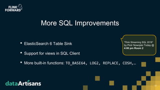 • ElasticSearch 6 Table Sink
• Support for views in SQL Client
• More built-in functions: TO_BASE64, LOG2, REPLACE, COSH,…
12
More SQL Improvements
“Flink Streaming SQL 2018”
by Piotr Nowojski Today @
4:00 pm Room 2
 