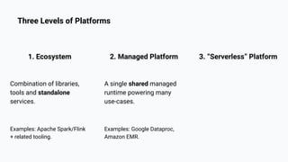 1. Ecosystem
Combination of libraries,
tools and standalone
services.
3. “Serverless” Platform
2. Managed Platform
A single shared managed
runtime powering many
use-cases.
Examples: Apache Spark/Flink
+ related tooling.
Three Levels of Platforms
Examples: Google Dataproc,
Amazon EMR.
 