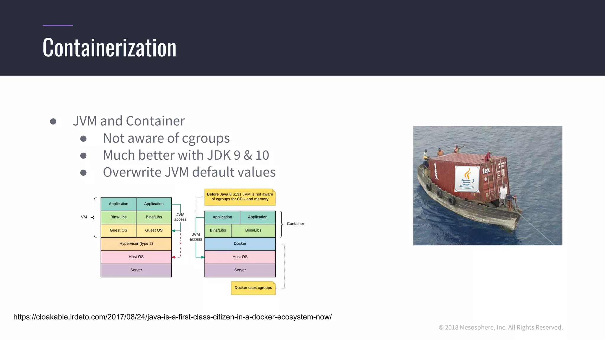© 2018 Mesosphere, Inc. All Rights Reserved.
● JVM and Container
● Not aware of cgroups
● Much better with JDK 9 & 10
● Overwrite JVM default values
Containerization
https://cloakable.irdeto.com/2017/08/24/java-is-a-first-class-citizen-in-a-docker-ecosystem-now/
 
