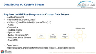 © 2018, Ambiente Livre. Todos direitos reservados. www.ambientelivre.com.br +55 (41) 3308-34385
Data Source ou Custom Stream
Arquivos do HDFS ou filesystem ou Custom Data Source.
• readTextFile(path)
• readFile(fileInputFormat, path)
• addSource(new FlinkKafkaConsumer08<>(…))
- Kafka
-Cassandra
- Hadoop HDFS
- Apache NiFi
- Twitter Streaming API
- Amazon Kinesis Stream
- RabbitMQ
• Conectores:
https://ci.apache.org/projects/flink/flink-docs-release-1.5/dev/connectors/
 