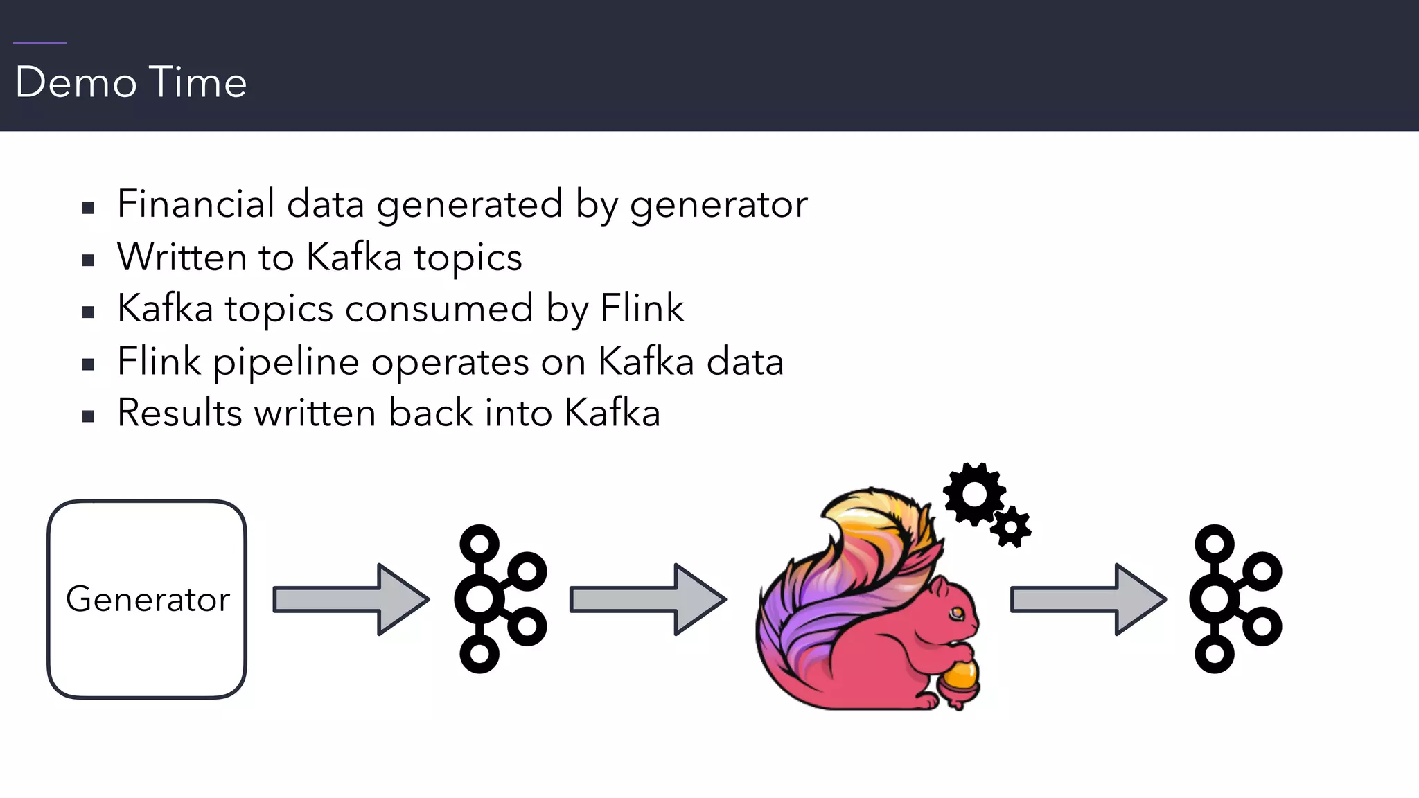 Demo Time
Generator
▪ Financial data generated by generator
▪ Written to Kafka topics
▪ Kafka topics consumed by Flink
▪ Flink pipeline operates on Kafka data
▪ Results written back into Kafka
 