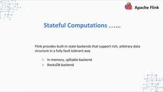 Stateful Computations …...
Flink provides built-in state backends that support rich, arbitrary data
structure in a fully fault tolerant way
○ In-memory, splliable backend
○ RocksDB backend
 