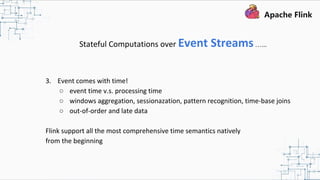 Stateful Computations over Event Streams…...
3. Event comes with time!
○ event time v.s. processing time
○ windows aggregation, sessionazation, pattern recognition, time-base joins
○ out-of-order and late data
Flink support all the most comprehensive time semantics natively
from the beginning
 