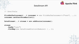 DataStream API
// Java/Scala
FlinkKafkaConsumer<...> consumer = new FlinkKafkaConsumer<>("test", ...);
consumer.setStartFromEarlist();
DataStream<...> stream = env.addSource(consumer);
stream
.keyBy("user")
.flatMap(new DataStreamDistinctReduce() { … });
 