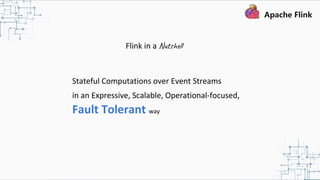 Stateful Computations over Event Streams
in an Expressive, Scalable, Operational-focused,
Fault Tolerant way
Flink in a Nutshell
 