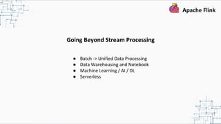 Going Beyond Stream Processing
● Batch -> Unified Data Processing
● Data Warehousing and Notebook
● Machine Learning / AI / DL
● Serverless
 