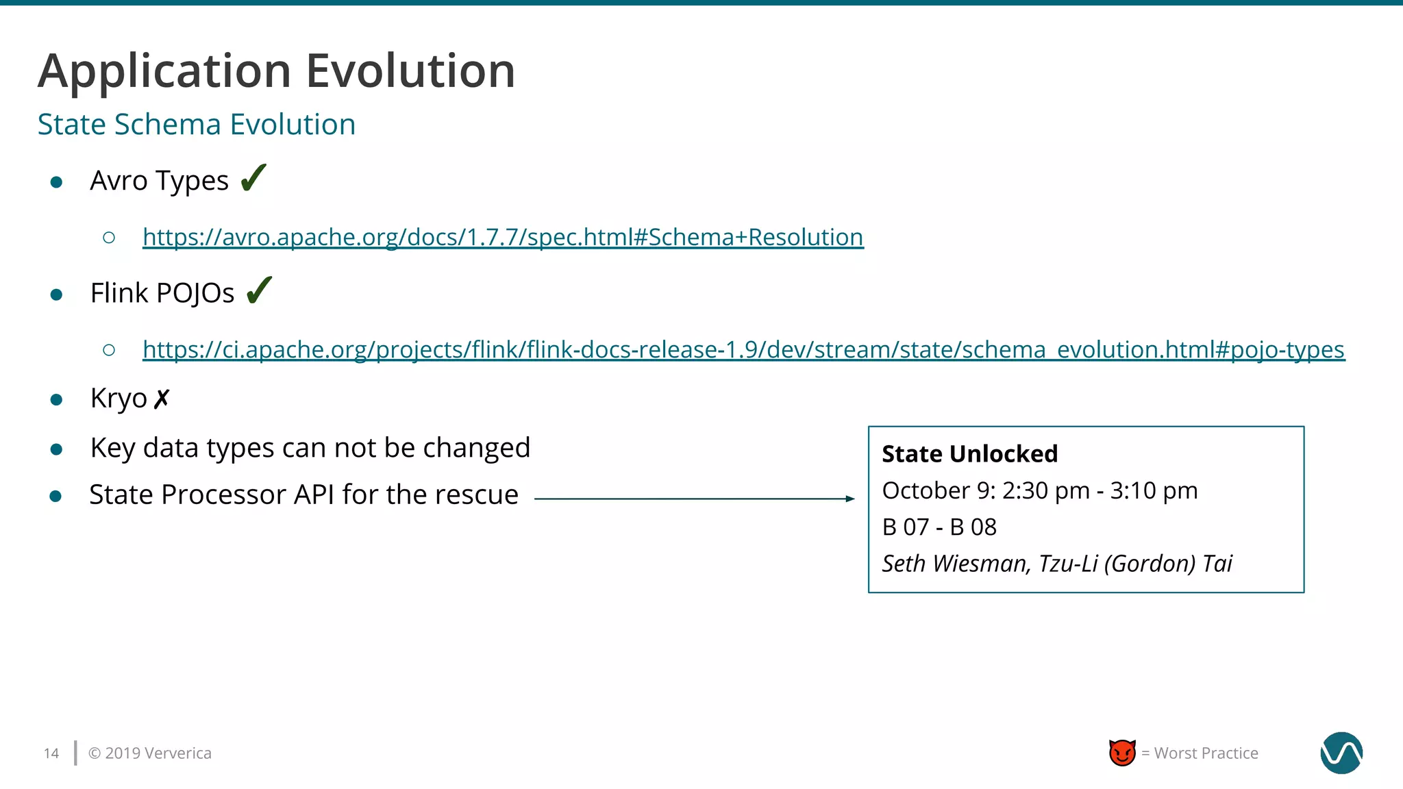 © 2019 Ververica14 = Worst Practice
● Avro Types ✓
○ https://avro.apache.org/docs/1.7.7/spec.html#Schema+Resolution
● Flink POJOs ✓
○ https://ci.apache.org/projects/ﬂink/ﬂink-docs-release-1.9/dev/stream/state/schema_evolution.html#pojo-types
● Kryo✗
● Key data types can not be changed
State Schema Evolution
State Unlocked
October 9: 2:30 pm - 3:10 pm
B 07 - B 08
Seth Wiesman, Tzu-Li (Gordon) Tai
● State Processor API for the rescue
 