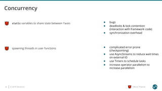 © 2019 Ververica24 = Worst Practice
static variables to share state between Tasks
spawning threads in user functions
● bugs
● deadlocks & lock contention
(interaction with framework code)
● synchronization overhead
● complicated error prone
(checkpointing)
● use AsyncStreams to reduce wait times
on external IO
● use Timers to schedule tasks
● increase operator parallelism to
increase parallelism
 