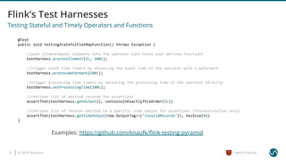 © 2019 Ververica31 = Worst Practice
Examples: https://github.com/knaufk/ﬂink-testing-pyramid
Testing Stateful and Timely Operators and Functions
@Test
public void testingStatefulFlatMapFunction() throws Exception {
//push (timestamped) elements into the operator (and hence user defined function)
testHarness.processElement(2L, 100L);
//trigger event time timers by advancing the event time of the operator with a watermark
testHarness.processWatermark(100L);
//trigger processing time timers by advancing the processing time of the operator directly
testHarness.setProcessingTime(100L);
//retrieve list of emitted records for assertions
assertThat(testHarness.getOutput(), containsInExactlyThisOrder(3L))
//retrieve list of records emitted to a specific side output for assertions (ProcessFunction only)
assertThat(testHarness.getSideOutput(new OutputTag<>("invalidRecords")), hasSize(0))
}
 