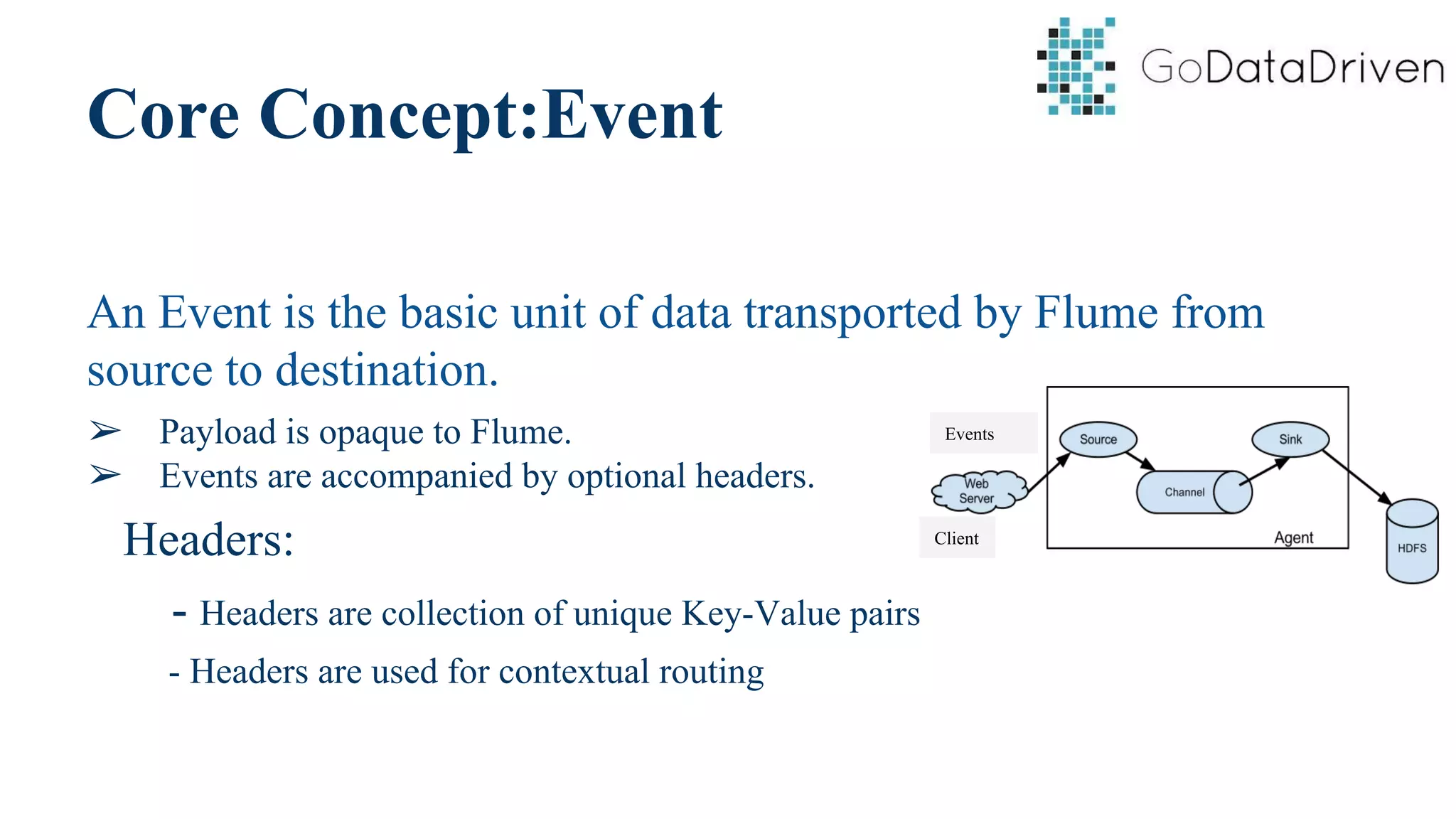 Core Concept:Event
An Event is the basic unit of data transported by Flume from
source to destination.
➢ Payload is opaque to Flume.
➢ Events are accompanied by optional headers.
Headers:
- Headers are collection of unique Key-Value pairs
- Headers are used for contextual routing
Events
Client
 