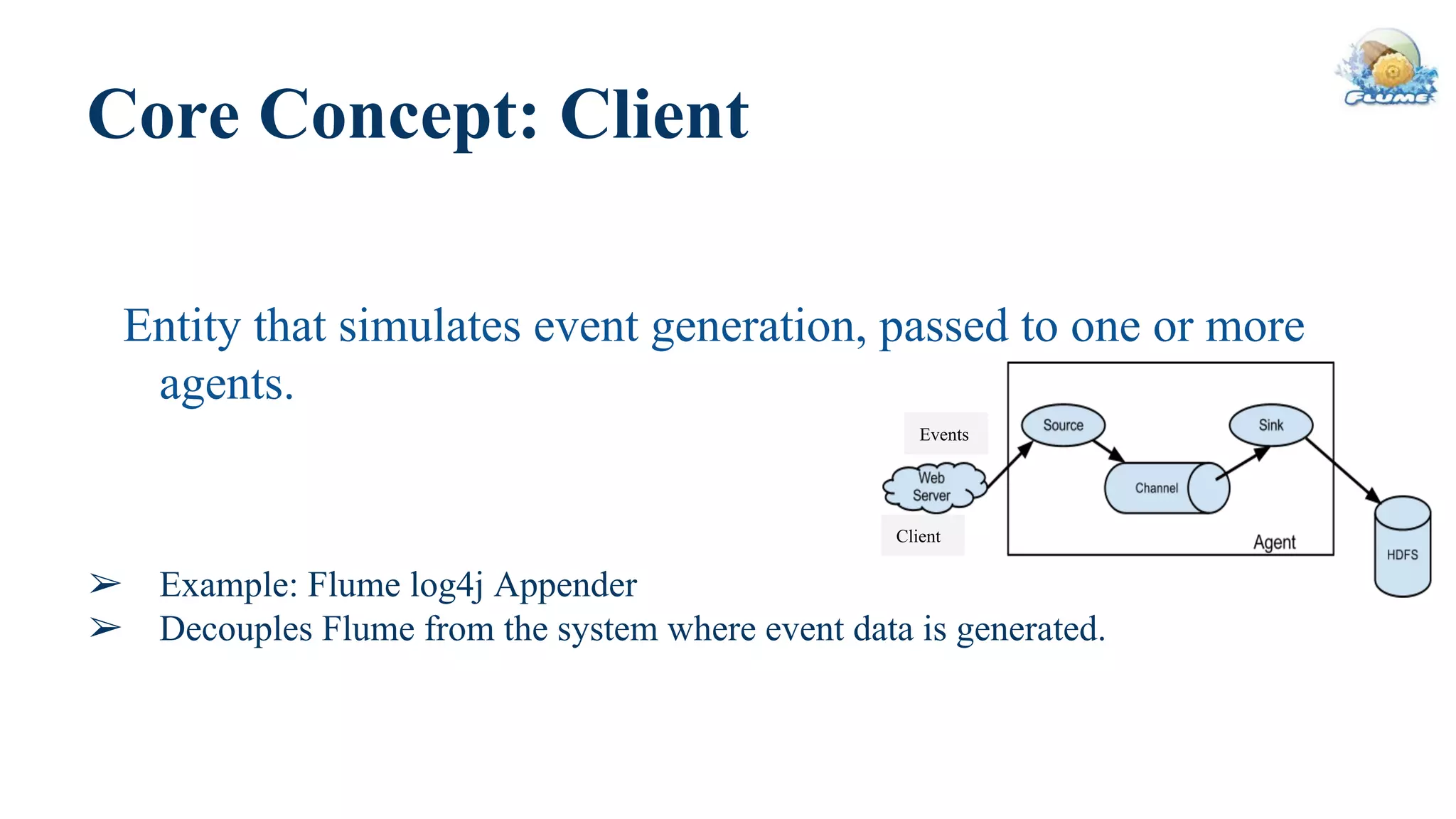 Core Concept: Client
Entity that simulates event generation, passed to one or more
agents.
➢ Example: Flume log4j Appender
➢ Decouples Flume from the system where event data is generated.
Events
Client
 