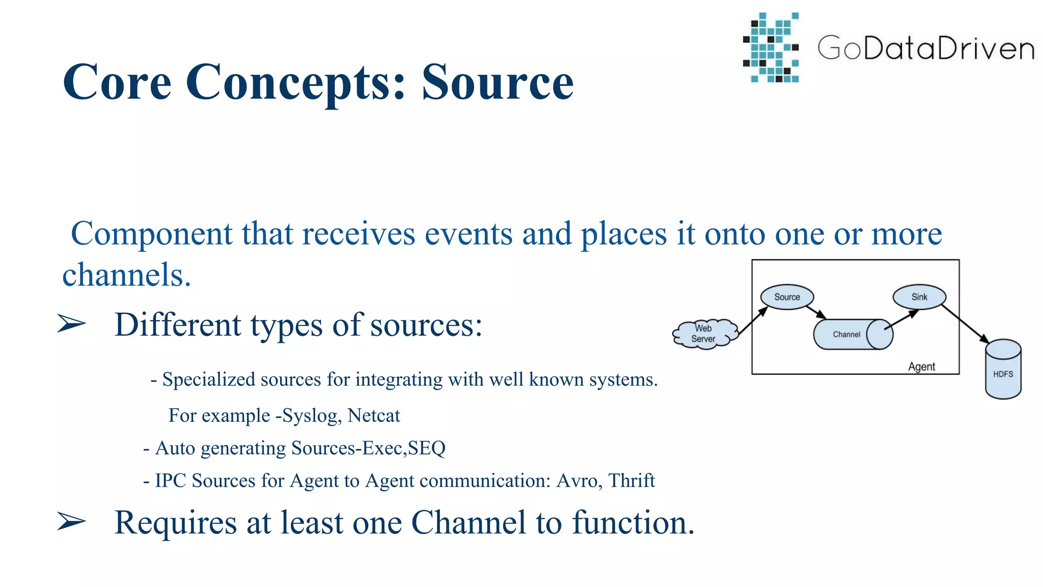 Core Concepts: Source
Component that receives events and places it onto one or more
channels.
➢ Different types of sources:
- Specialized sources for integrating with well known systems.
For example -Syslog, Netcat
- Auto generating Sources-Exec,SEQ
- IPC Sources for Agent to Agent communication: Avro, Thrift
➢ Requires at least one Channel to function.
 