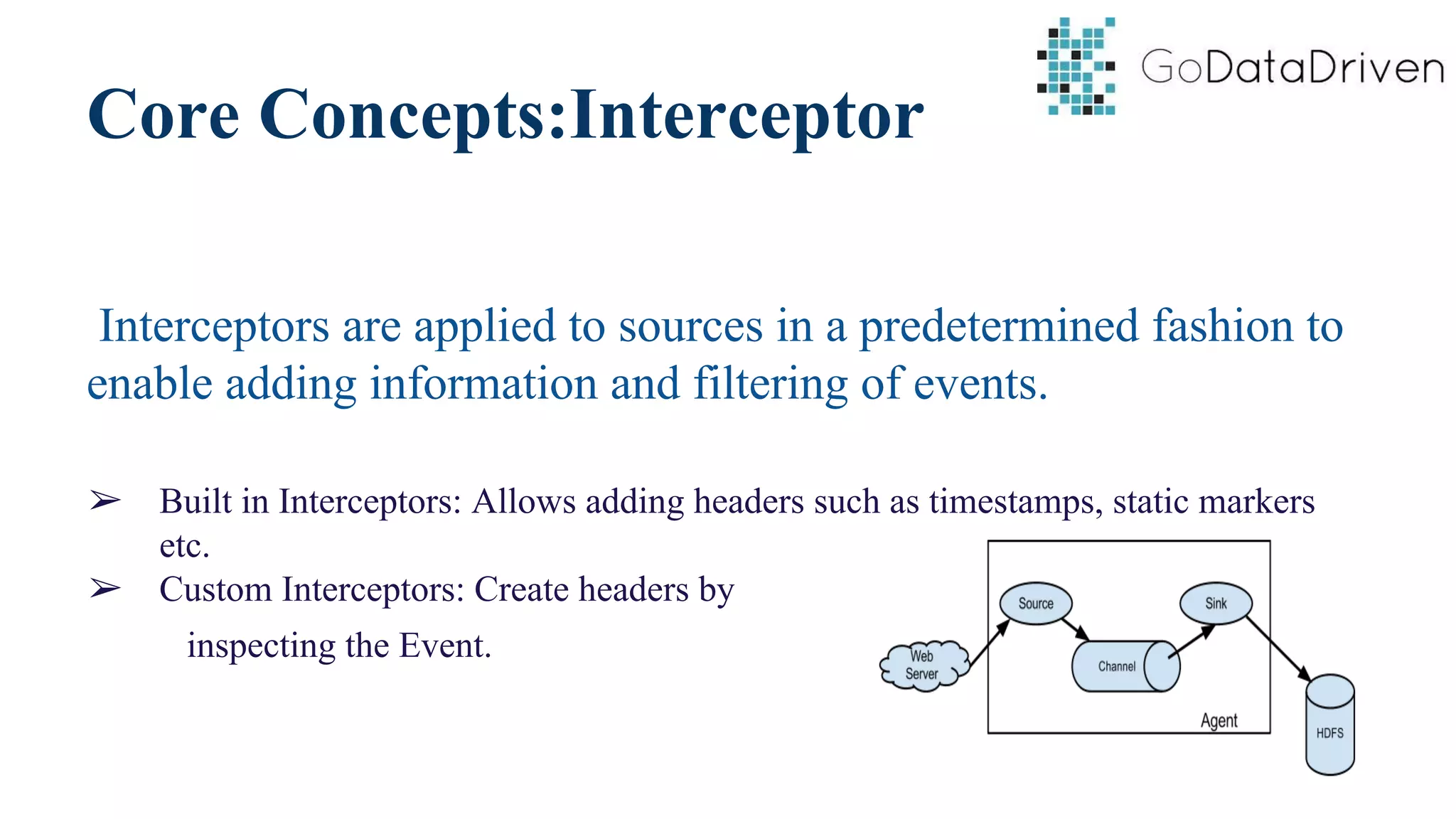 Core Concepts:Interceptor
Interceptors are applied to sources in a predetermined fashion to
enable adding information and filtering of events.
➢ Built in Interceptors: Allows adding headers such as timestamps, static markers
etc.
➢ Custom Interceptors: Create headers by
inspecting the Event.
 