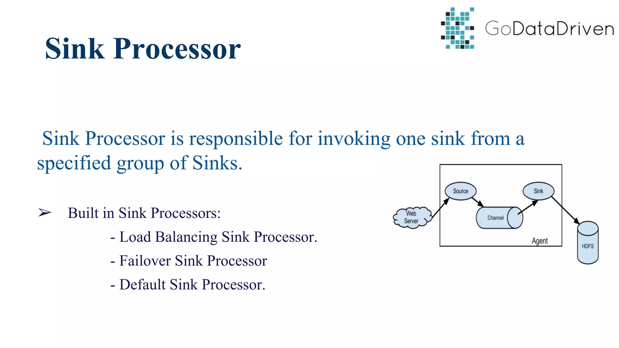 Sink Processor
Sink Processor is responsible for invoking one sink from a
specified group of Sinks.
➢ Built in Sink Processors:
- Load Balancing Sink Processor.
- Failover Sink Processor
- Default Sink Processor.
 