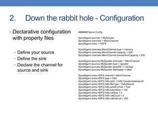 2. Down the rabbit hole - Configuration
• Declarative configuration
with property files
• Define your source
• Define the sink
• Declare the channel for
source and sink
####### Spool Config
SpoolAgent.sources = MySpooler
SpoolAgent.channels = MemChannel
SpoolAgent.sinks = HDFS
SpoolAgent.channels.MemChannel.type = memory
SpoolAgent.channels.MemChannel.capacity = 500
SpoolAgent.channels.MemChannel.transactionCapacity = 200
SpoolAgent.sources.MySpooler.channels = MemChannel
SpoolAgent.sources.MySpooler.type = spooldir
SpoolAgent.sources.MySpooler.spoolDir = /var/log/
SpoolAgent.sources.MySpooler.fileHeader = false
SpoolAgent.sinks.HDFS.channel = MemChannel
SpoolAgent.sinks.HDFS.type = hdfs
SpoolAgent.sinks.HDFS.hdfs.path = hdfs://cluster/data/spool/
SpoolAgent.sinks.HDFS.hdfs.fileType = DataStream
SpoolAgent.sinks.HDFS.hdfs.writeFormat = Text
SpoolAgent.sinks.HDFS.hdfs.batchSize = 100
SpoolAgent.sinks.HDFS.hdfs.rollSize = 0
SpoolAgent.sinks.HDFS.hdfs.rollCount = 0
SpoolAgent.sinks.HDFS.hdfs.rollInterval = 300
 