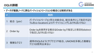 OQLの課題
• データが複数ノードに跨るパーティションリージョンの場合には制約がある
# 制約
1 結合（join）
パーティションリージョン同士の結合は、結合条件として指定するカ
ラムをco-locationによりパーティショニングしなければいけない
2 Order by
Order byを使用する場合はOrder byで指定した項目をdistinct
で指定しなければいけない
3 複雑なクエリ
通常のSQLのようにサブクエリや結合、UNIONを多様した複雑な
クエリは使用出来ない
21
 