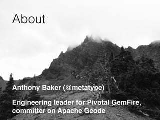 About
Anthony Baker (@metatype)
Engineering leader for Pivotal GemFire,
committer on Apache Geode
 