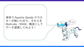 31
単体で Apache Geode クラス
ターが動いたので、それらを
Multi-site（WAN）構成にして
データ連携してみよう！
 