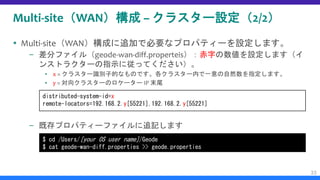 Multi-site（WAN）構成 – クラスター設定（2/2）
 Multi-site（WAN）構成に追加で必要なプロパティーを設定します。
– 差分ファイル（geode-wan-diff.properteis）：赤字の数値を設定します（イ
ンストラクターの指示に従ってください）。
▪ x = クラスター識別子的なものです。各クラスター内で一意の自然数を指定します。
▪ y = 対向クラスターのロケーター IP 末尾
– 既存プロパティーファイルに追記します
33
$ cd /Users/[your OS user name]/Geode
$ cat geode-wan-diff.properties >> geode.properties
distributed-system-id=x
remote-locators=192.168.2.y[55221],192.168.2.y[55221]
 