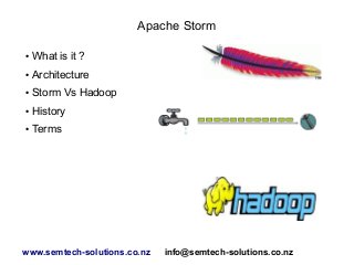 Apache Storm
●

What is it ?

●

Architecture

●

Storm Vs Hadoop

●

History

●

Terms

www.semtech-solutions.co.nz

info@semtech-solutions.co.nz

 