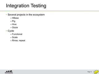 Integration Testing
• Several projects in the ecosystem
   – HBase
   – Pig
   – Hive
   – Oozie
• Cycle
   – Functional
 ...