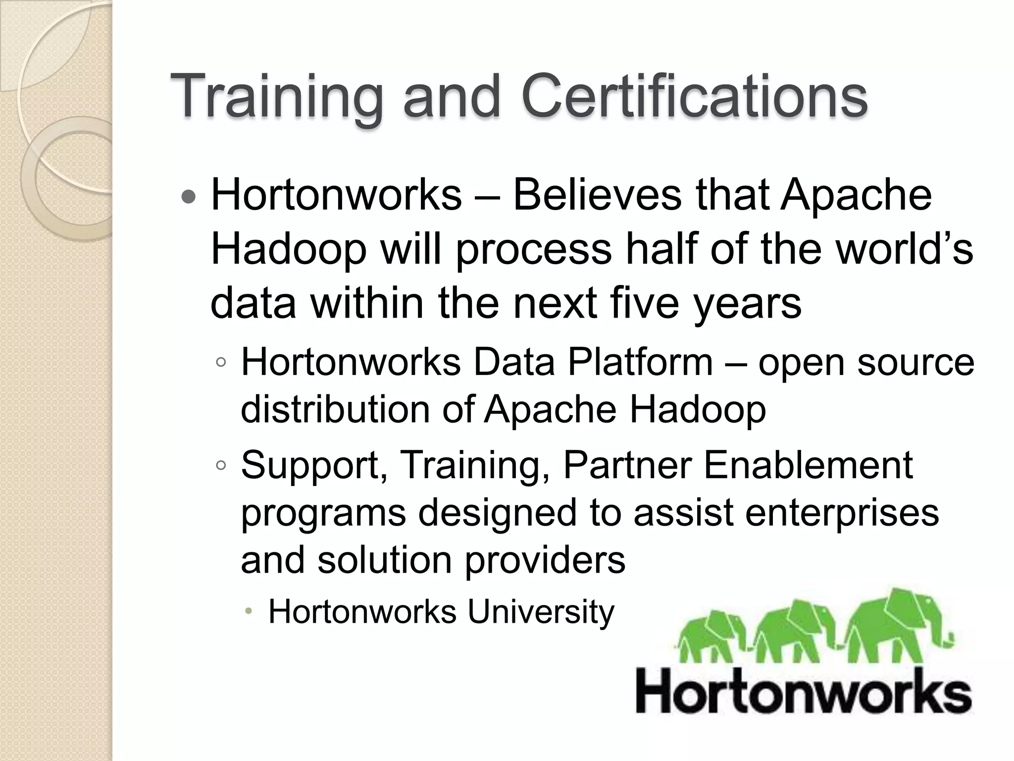 Training and Certifications  Hortonworks – Believes that Apache Hadoop will process half of the world’s data within the next five years ◦ Hortonworks Data Platform – open source distribution of Apache Hadoop ◦ Support, Training, Partner Enablement programs designed to assist enterprises and solution providers  Hortonworks University 