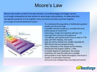 Moore’s Law
Moore’s law suited us well for the past decades, but building bigger and bigger servers
is no longer necessarily the best solution to solve large-scale problems. An alternative that
has gained popularity is to tie together many low-end/commodity machines together
as a single functional distributed system .
                                                   To understand the popularity of distributed systems
                                                   (scale-out) vis-à-vis huge
                                                   monolithic servers (scale-up), consider the price
                                                   performance of current I/O
                                                   technology. A high-end machine with four I/O
                                                   channels each having a throughput of
                                                   100 MB/sec will require three hours to read a 4 TB
                                                   data set! With Hadoop, this same
                                                   data set will be divided into smaller (typically 64
                                                   MB) blocks that are spread among
                                                   many machines in the cluster via the Hadoop
                                                   Distributed File System (HDFS ). With
                                                   a modest degree of replication, the cluster
                                                   machines can read the data set in parallel
                                                   and provide a much higher throughput. And such a
                                                   cluster of commodity machines
                                                   turns out to be cheaper than one high-end server!
 