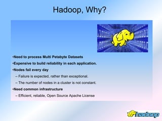 Hadoop, Why?




•Need to process Multi Petabyte Datasets
•Expensive to build reliability in each application.
•Nodes fail every day
 – Failure is expected, rather than exceptional.
 – The number of nodes in a cluster is not constant.
•Need common infrastructure
 – Efficient, reliable, Open Source Apache License
 