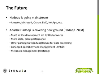 The	
  Future	
  
•  Hadoop	
  is	
  going	
  mainstream	
  
  − Amazon,	
  Microsou,	
  Oracle,	
  EMC,	
  NetApp,	
  etc.	
  

•  Apache	
  Hadoop	
  is	
  covering	
  new	
  ground	
  (Hadoop	
  .Next)	
  
  − Much	
  of	
  the	
  development	
  led	
  by	
  Hortonworks	
  
  − More	
  scale,	
  more	
  performance	
  
  − Other	
  paradigms	
  than	
  MapReduce	
  for	
  data	
  processing	
  
  − Enhanced	
  operability	
  and	
  management	
  (Ambari)	
  
  − Metadata	
  management	
  (Hcatalog)	
  




                                        28	
  
 