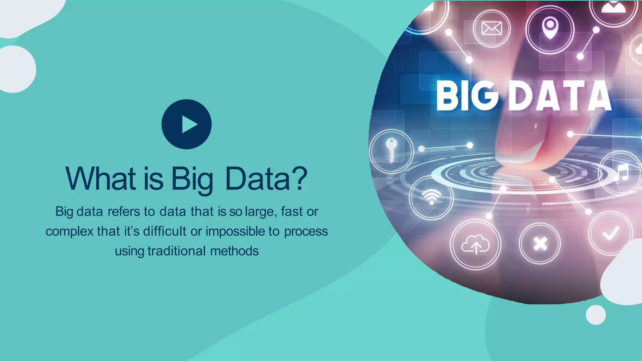 What is Big Data?
Big data refers to data that is so large, fast or
complex that it’s difficult or impossible to process
using traditional methods
 