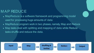 M AP REDUCE
MapReduce is a software framework and programming model
used for processing huge amounts of data
MapReduce program work in two phases, namely, Map and Reduce
Map tasks deal with splitting and mapping of data while Reduce
tasks shuffle and reduce the data.
 