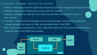 A P A C H E F L U M E A R C H I T E C T U R E
There is a Flume agent which ingests the streaming data from various data sources to HDF
Theflume agent has 3 components: source, sink and channel.
1.Source: it accepts the data from the incoming streamline and stores the data in
the channel.
2. Channel: it acts as the local storage or the primary storage. AChannel is a temporary
storage between the source of data and persistent data in the HDFS.
3.Sink: Then,our last component i.e. Sink, collects the data from the channel and commits or
writes the data in the HDFSpermanently.
 