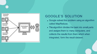 GOOGLE’S SOLUTION
Google solved this problem using an algorithm
called MapReduce.
Thisalgorithm divides the task into small parts
and assigns them to many computers, and
collects the results from them which when
integrated, form the result dataset.
 