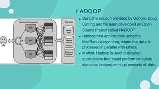 HADOOP
Using the solution provided by Google, Doug
Cutting and his team developed an Open
Source Project called HADOOP.
Hadoop runs applications using the
MapReduce algorithm, where the data is
processed in parallel with others.
In short, Hadoop is used to develop
applications that could perform complete
statistical analysis on huge amounts of data.
 