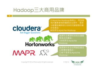 Hadoop三大商用品牌
11/30/16Copyright © 2016 Athemaster All rights reserved
10
以Apache Hadoop為核心，附加自
有的叢集管理與叢集安全原件。是部
分軟體授權與部分技術支援服務的複
合型產品。
80%原生Apache Hadoop
強調完全開源的技術支援服
務為主的產品。
100%原生Apache
Hadoop
強調資料安全的閉鎖型產品，
以軟體授權為主。
已經不是原生Apache
Hadoop。
 