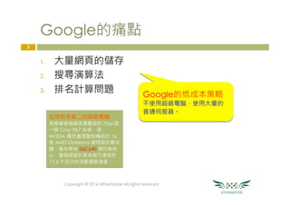 Google的痛點
1.  大量網頁的儲存
2.  搜尋演算法
3.  排名計算問題
Copyright © 2016 Athemaster All rights reserved
3
Google的低成本策略
不使用超級電腦，使用大量的
普通伺服器。
全球排名第二的超級電腦
美國橡樹嶺國家實驗室的 Titan是
一個 Cray XK7 系統，是
NVIDIA 圖形處理器和傳統的 16
核 AMD Opterons 處理器的集合
體，總共帶有 560,640 個計算核
心，整個超級計算系統可達每秒
17.6 千兆次的浮點運算速度。
 