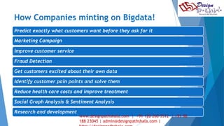 How Companies minting on Bigdata! 
Predict exactly what customers want before they ask for it 
Marketing Campaign 
Improve customer service 
Fraud Detection 
Get customers excited about their own data 
Identify customer pain points and solve them 
Reduce health care costs and improve treatment 
Social Graph Analysis & Sentiment Analysis 
Research and development 
13 
www.designpathshala.com | +91 120 260 5512 | +91 98 
188 23045 | admin@designpathshala.com | 
http://designpathshala.com 
 