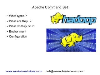 Apache Command Set
● What types ?
● What are they ?
● What do they do ?
● Environment
● Configuration
www.semtech-solutions.co.nz info@semtech-solutions.co.nz
 
